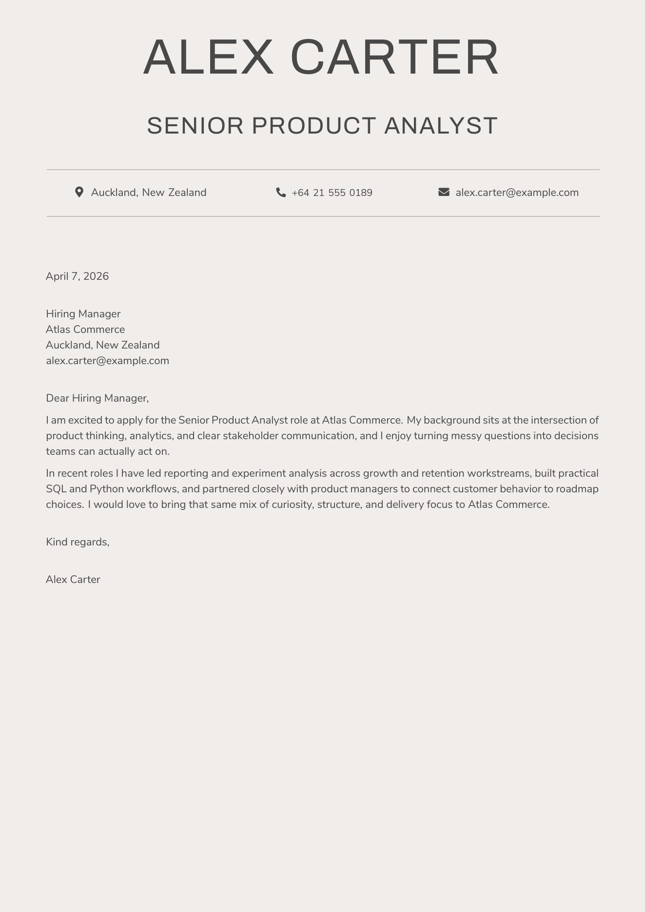 CVBuilder Beige Letter cover letter template preview for tailored job applications