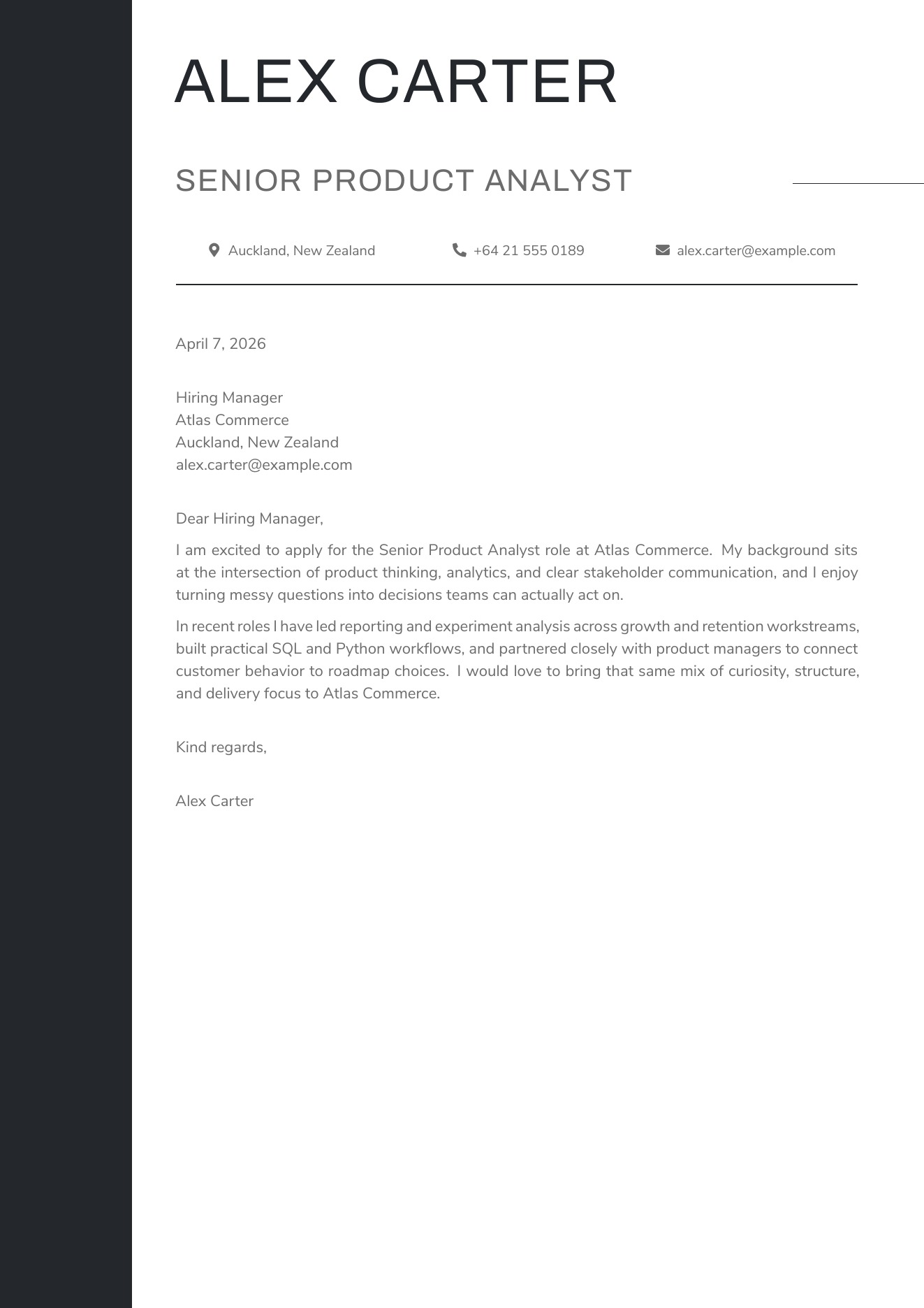 CVBuilder BW Letter cover letter template preview for tailored job applications