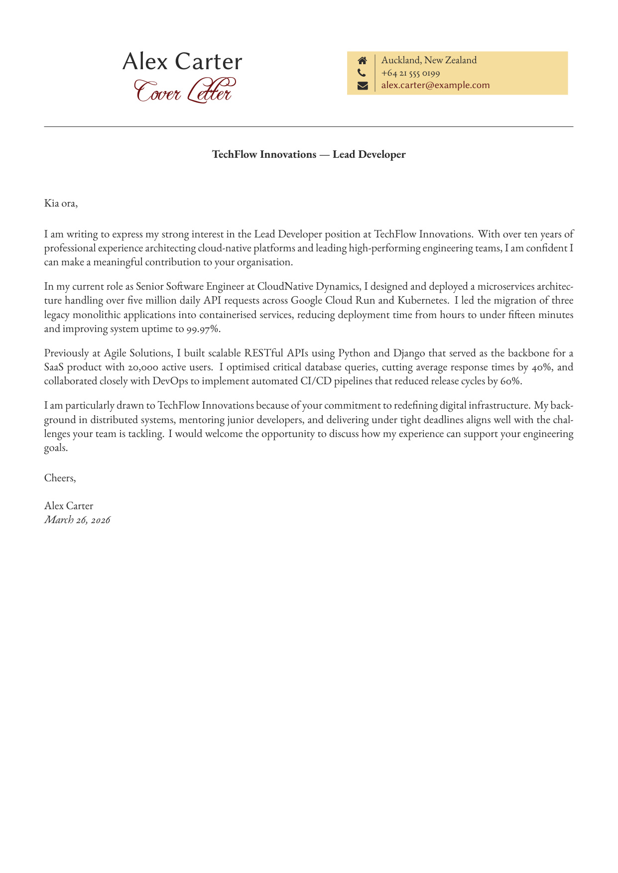 Modern Letter cover letter template preview for tailored job applications