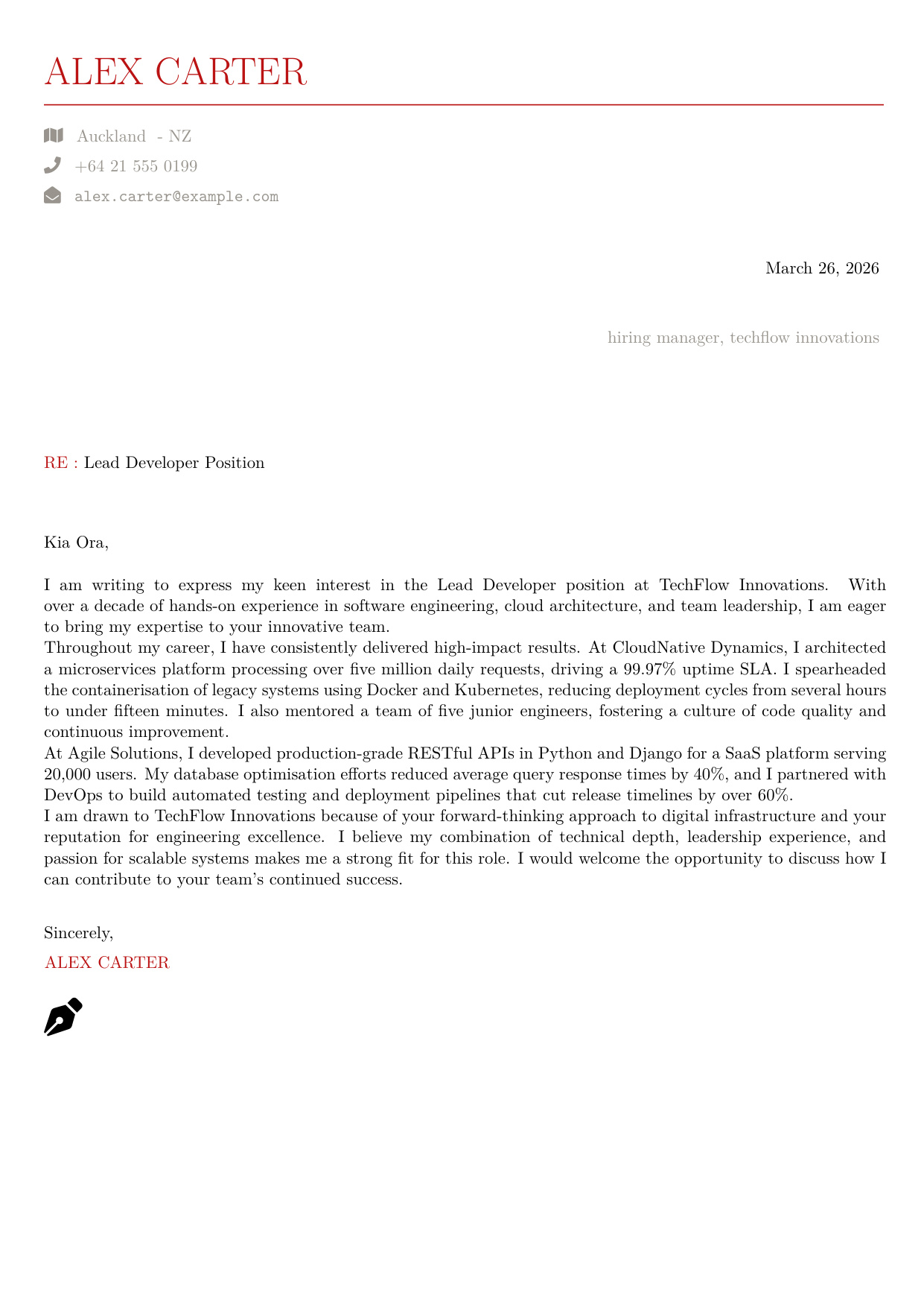 Focused lead developer cover letter preview generated in JobSpidey