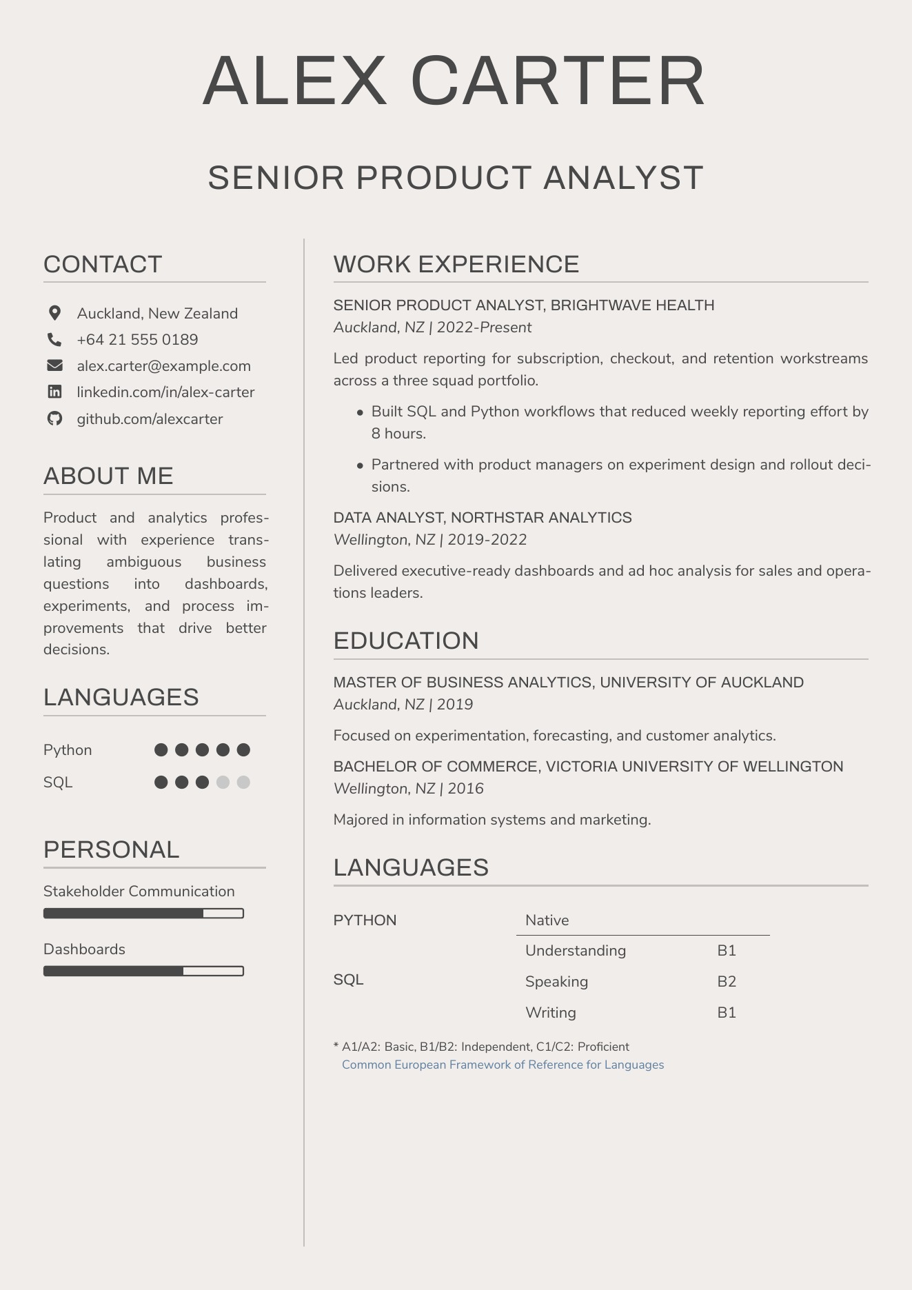 CVBuilder Beige resume template preview for ATS-friendly job applications