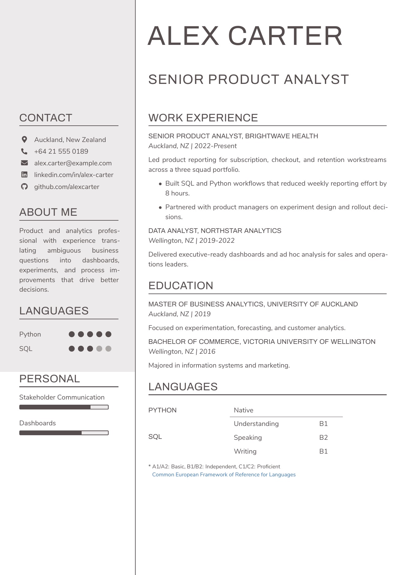 CVBuilder Framed resume template preview for ATS-friendly job applications
