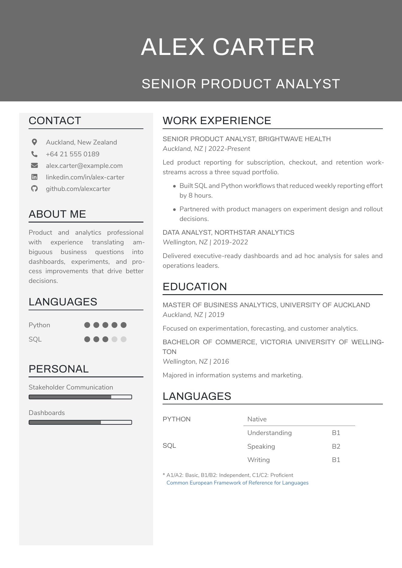 CVBuilder Gray resume template preview for ATS-friendly job applications