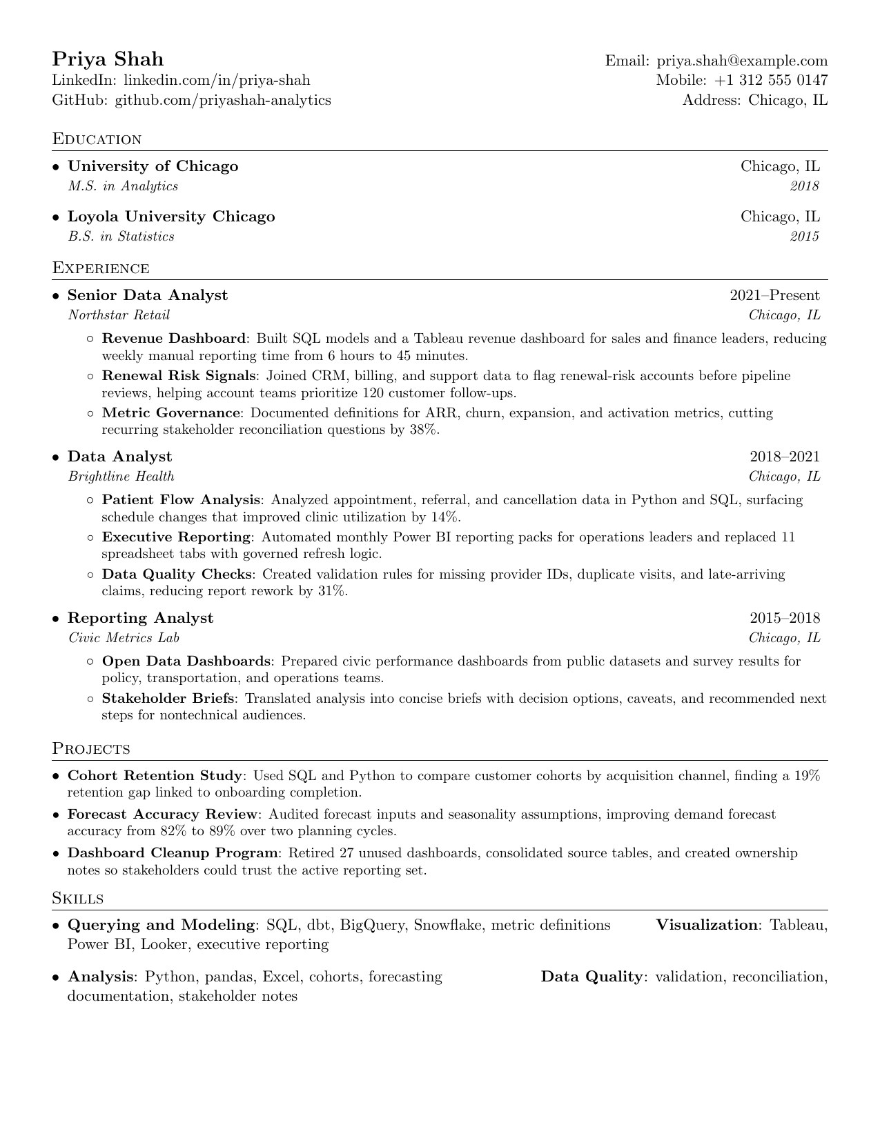 Data analyst resume preview with SQL, dashboards, data quality, and decision support metrics tailored in JobSpidey