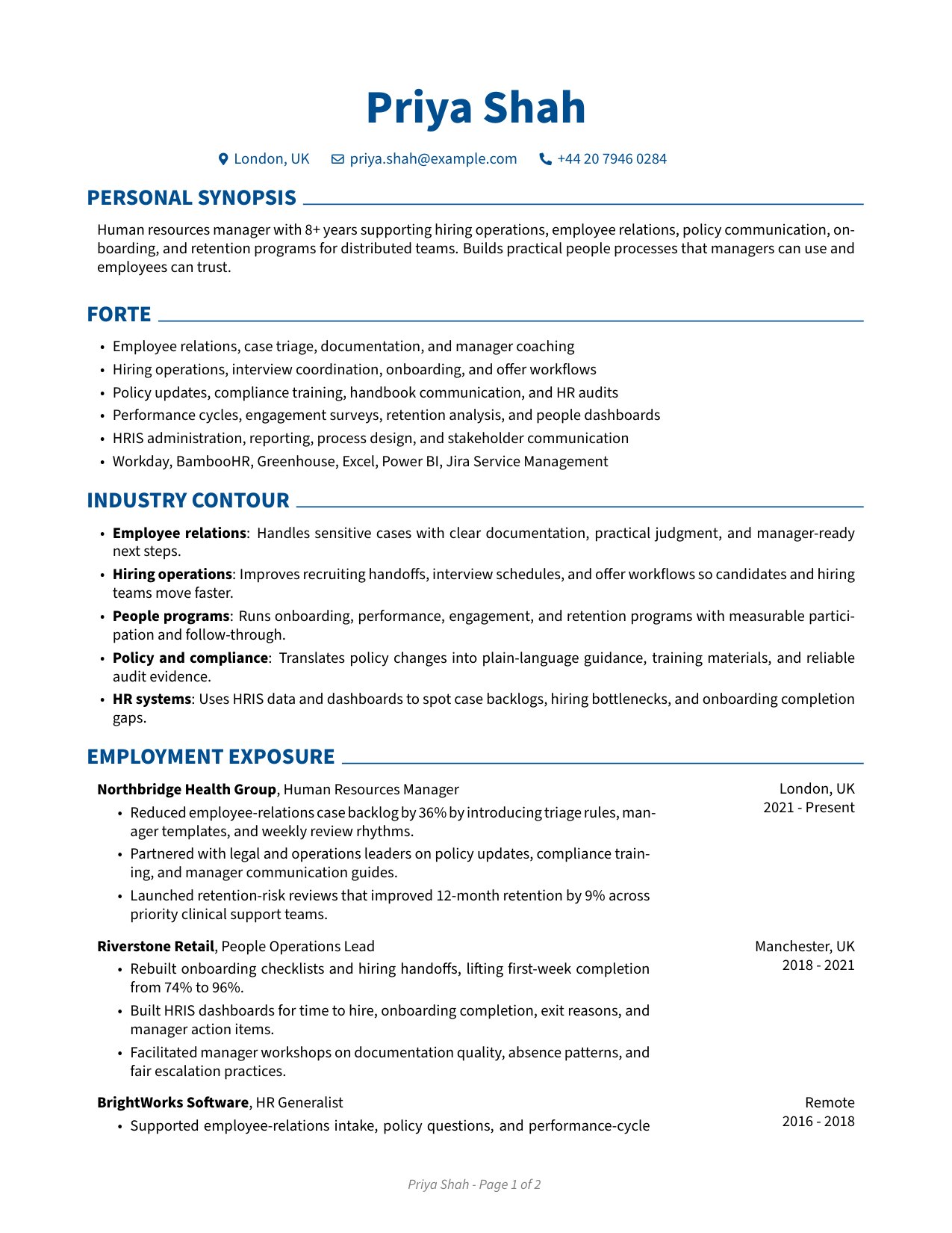 Human resources manager resume preview with employee relations, hiring operations, onboarding, policy compliance, retention programs, and HR systems tailored in JobSpidey