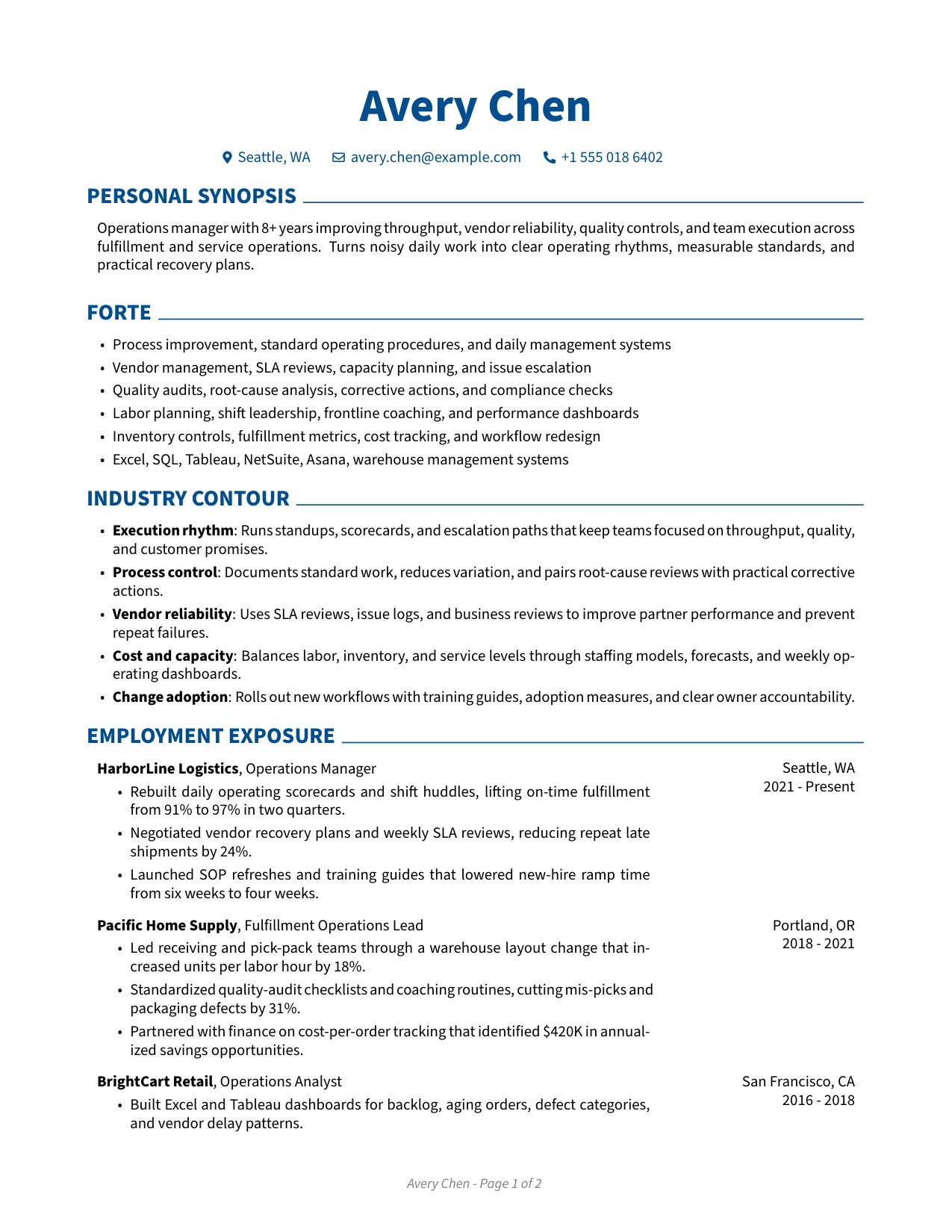 Operations manager resume preview with process improvement, vendor reliability, quality controls, labor planning, throughput metrics, and cost savings tailored in JobSpidey