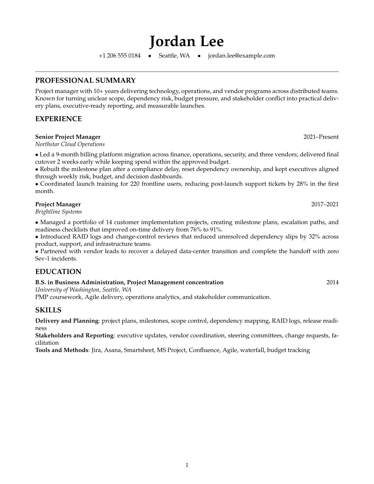 Project manager resume preview with delivery scope, risk recovery, budget control, and stakeholder reporting tailored in JobSpidey