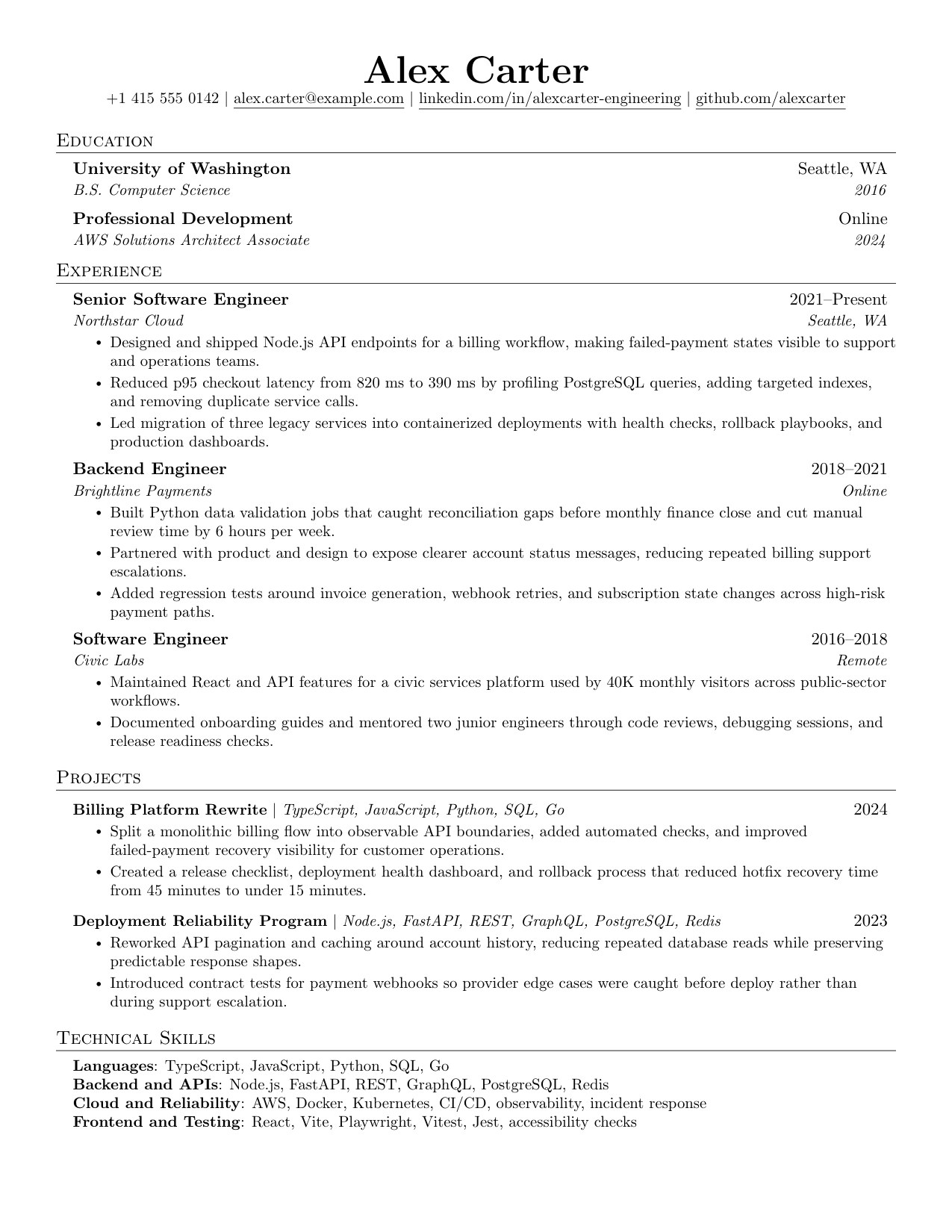 Software engineer resume preview with API, reliability, latency, and technical skills tailored in JobSpidey