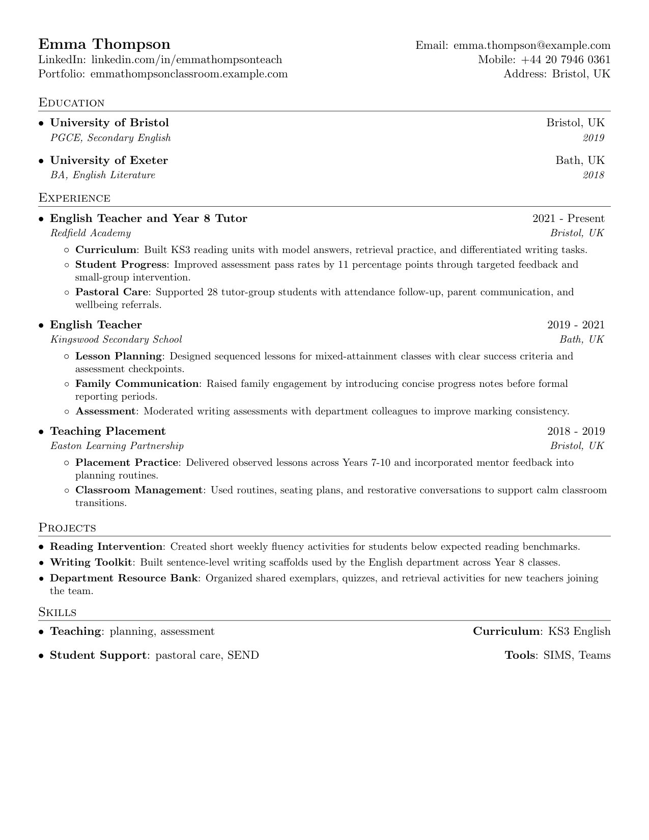 Teacher resume preview with classroom practice, curriculum planning, student progress, pastoral care, family communication, assessment, and student support tailored in JobSpidey